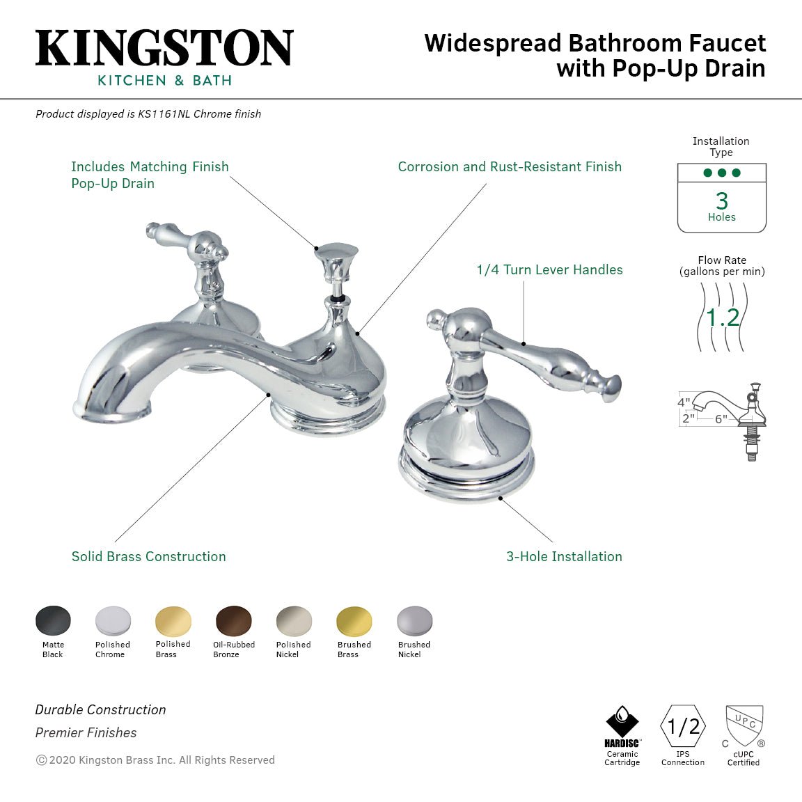 Kingston Heirloom KS1161NL - Heritage Two-Handle 3-Hole Deck Mount Widespread Bathroom Faucet with Brass Pop-Up, Polished Chrome — thumbnail 2